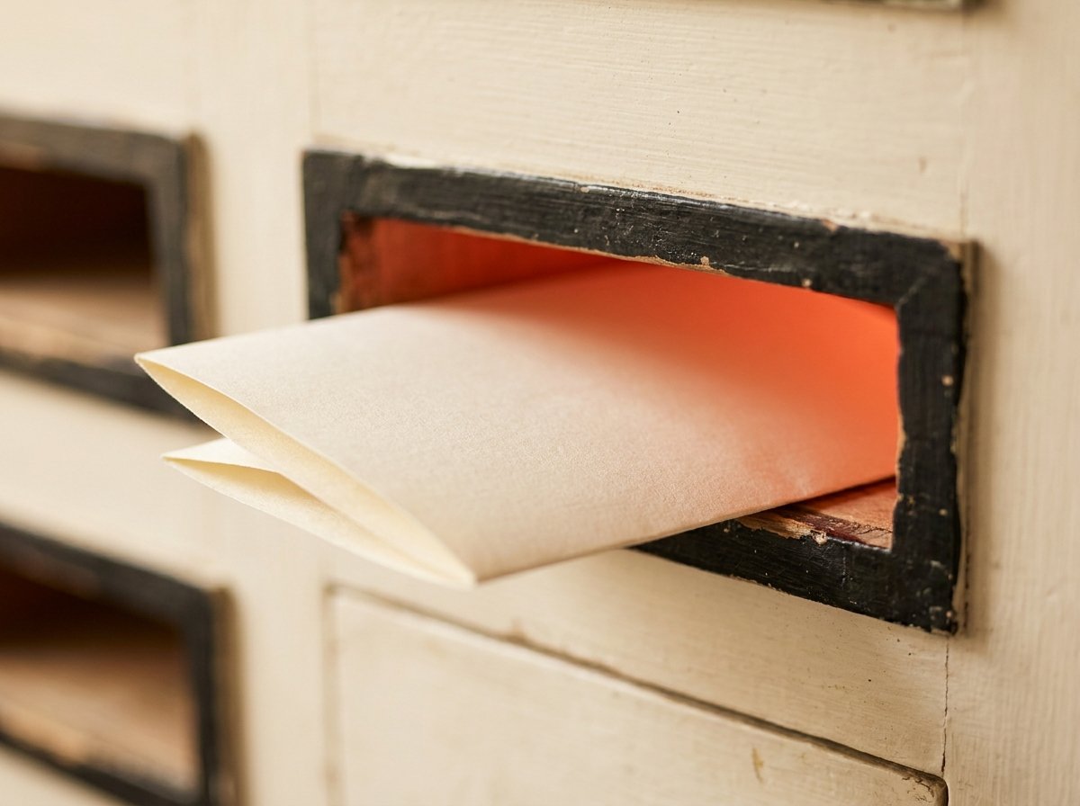 A folded note slid into a mail slot that glows orange inside